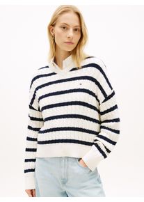 Strickpullover Tommy Hilfiger "CO CABLE MID GG RLX LS V-NK SWT", Damen, Gr. XS (34), ivory petal, schwarz n navy stp, Strick, Obermaterial: 100% Baumwolle, gestreift, relaxed fit normal, V-Ausschnitt, Pullover Strickpullover, mit Zopfmuster