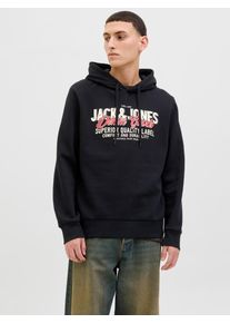 Jack & Jones Kapuzensweatshirt JACK & JONES "JJELOGO SWEAT HOOD 2 COL 25/26 NOOS", Herren, Gr. XS, schwarz, angeraute Sweatware, Obermaterial: 70% Baumwolle, 30% Polyester, bedruckt, regular fit normal, Rundhals, Rippb&uuml;ndchen, Sweatshirts Kapuzensweatshirt, mit stylischem Print