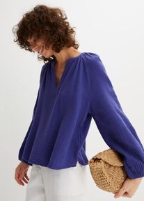 Shirtbluse bonprix "Oversize-Bluse aus Musselin", Damen, Gr. 46, lila (blauviolett), Web, Obermaterial: 100% Baumwolle, unifarben, oversize normal, V-Ausschnitt, elastischer Bund, Blusen Shirtbluse, Oversize-Passform, mit V-Ausschnitt, aus Baumwolle, 3/4-&Auml;rmeln