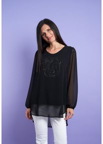 Langarmbluse Seidel Moden, Damen, Gr. 48, schwarz, Chiffon, Obermaterial: 100% Polyester. Obermaterial 2: 95% Viskose, 5% Elasthan, bedruckt, unifarben, l&auml;ssig geschnitten Po-bedeckend, Rundhals, elastischer Bund, Blusen Langarmbluse, in eleganter 2 in 1 Optik - MADE IN GERMANY