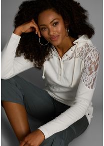 Kapuzenshirt Kangaroos, Damen, Gr. 40/42, wei&szlig; (sanftes wei&szlig;), Rippware, Obermaterial: 100% Baumwolle. Kapuzenfutter: 100% Baumwolle. Spitze: 95% Polyester, 5% Elasthan, kontrastfarbene Details, unifarben, figurbetont h&uuml;ftbedeckend, Rundhals, Shirts Kapuzenshirt, Langarm, figurbetonter Schnitt, mit Spitze und Print, aus Baumwolle, Topseller