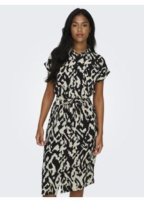 Hemdblusenkleid Only "ONLHANNOVER S/S SHIRT DRESS NOOS WVN", Damen, Gr. 42 (XL), N-Gr, beige (birch aop:schwarz graphic), Web, Obermaterial: 100% Polyester, gemustert, Kleider Hemdblusenkleid, Sommerkleid