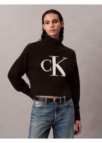 Strickpullover Calvin Klein Jeans, Damen, Gr. XL (44), schwarz, Rippstrick, Obermaterial: 100% Baumwolle, unifarben, loose fit taillenlang, hoch geschlossener Ausschnitt, B&uuml;ndchen, Pullover Strickpullover, Rollkragen, loose fit