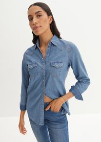 Jeanshemd bonprix, Damen, Gr. 50, N-Gr, blau (hellblau), Denim/Jeans, Obermaterial: 100% Baumwolle, Abriebeffekte, unifarben, bequem Po-bedeckend, ohne Ausschnitt, 1-Knopf-Manschette, Hemden Jeanshemd, bequeme Passform, po-bedeckende L&auml;nge, unifarbenes Design