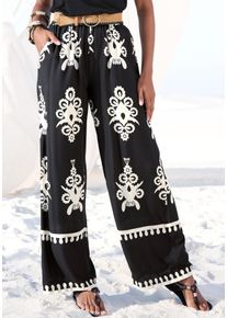 Palazzohose Lascana, Damen, Gr. 46, N-Gr, schwarz (schwarz, sand bedruckt), Web, Obermaterial: 100% Viskose, bedruckt, figurumspielend lang, Hosen Palazzohose, mit Ethnoprint, Sommerhose, Topseller