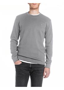 Longsleeve Replay, Herren, Gr. XL, lead grau, Strick, Obermaterial: 100% Baumwolle, unifarben, regular fit normal, Rundhals, breiter Bund, Shirts Longsleeve, Regular Fit, Rundhalsform