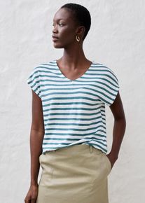 T-Shirt bonprix, Damen, Gr. 36/38 (S), blau (pfeffergr&uuml;n, wei&szlig; gestreift), Web, Obermaterial: 100% Leinen, gestreift, oversize normal, V-Ausschnitt, Shirts T-Shirt, Oversize Passform, Kurzarm, V-Ausschnitt, aus Leinen, pflegeleicht