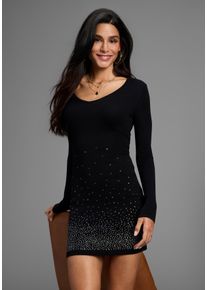 Strickkleid Melrose, Damen, Gr. 42, N-Gr, schwarz, Feinstrick, Obermaterial: 70% Viskose, 30% Polyamid, unifarben, sehr figurbetont mini, tiefer V-Ausschnitt, Kleider Strickkleid, f&uuml;r elegante Anl&auml;sse, Mini-L&auml;nge, mit Glitzerdetails