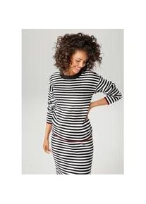 Strickpullover Aniston CASUAL, Damen, Gr. 42, schwarz (schwarz wei&szlig;, rot), Feinstrick, Obermaterial: 50% Viskose, 28% Polyester, 22% Polyamid, geringelt, gestreift, l&auml;ssig geschnitten h&uuml;ftlang, Rundhals, Strickkante, Pullover Strickpullover, mit roten Farbakzenten am Saum und den &Auml;rmeln