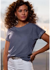 Kurzarmshirt Lascana "mit glitzernem Strass-Design am Arm", Damen, Gr. 48/50, blau (navy), Single Jersey, Obermaterial: 100% Baumwolle, unifarben, figurumspielend, Rundhals, Shirts Kurzarmshirt, aus weicher Baumwoll-Qualit&auml;t, Topseller