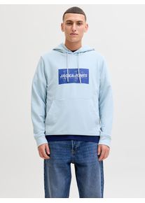 Jack & Jones Kapuzensweatshirt JACK & JONES "JJCOLE PRINT SWEAT HOOD UNB", Herren, Gr. XL, celestial blau, angeraute Sweatware, Obermaterial: 60% Baumwolle, 40% Polyester, bedruckt, regular fit, Rippb&uuml;ndchen, Sweatshirts Kapuzensweatshirt