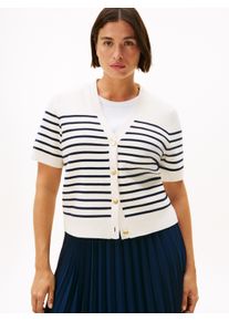 Strickjacke Tommy Hilfiger Curve "CRV CO JRSY MID GG GOLD BTN CRDI", Damen, Gr. 50, placed thin navy stp sweaters, Strick, Obermaterial: 85% Baumwolle, 15% Polyamid, gestreift, V-Ausschnitt, B&uuml;ndchen, Strickjacken Strickjacke, in gro&szlig;en Gr&ouml;&szlig;en, mit goldfarbenen Kn&ouml;pfen