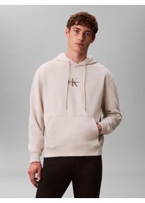 Sweatshirt Calvin Klein Jeans "LS EU 350TERRY MICRO MONOLOGO HO", Herren, Gr. S, grau (chalk), Sweatware, Obermaterial: 100% Baumwolle, l&auml;ssig geschnitten normal, Rundhals, eingesetzt B&uuml;ndchen, Sweatshirts Sweatshirt, Kapuze, regular fit