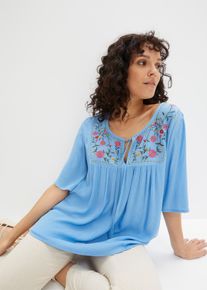 Tunika bonprix, Damen, Gr. 42, blau (brilliantblau), Obermaterial: 100% Viskose, A-Linie, Tuniken Tunika, Casual Stil, A-Linie Passform, Kurzarm-Design, mit Stickerei