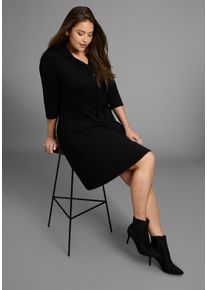 Jerseykleid LAURA SCOTT CURVE, Damen, Gr. 50, N-Gr, schwarz, Jersey, Obermaterial: 94% Viskose, 6% Elasthan, unifarben, Basic, bequem knielang, Kleider Jerseykleid, mit Polo-Kragen und taillierendem Tunnelzug - GROSSE GR&Ouml;SSE