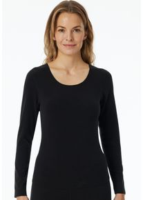 Langarmshirt Schiesser "Invisible Soft Warming", Damen, Gr. 38, schwarz (000, schwarz), Single Jersey, Obermaterial: 55% Polyacryl, 30% Viskose, 15% Elasthan, unifarben, Basic, k&ouml;rpernah h&uuml;ftlang, Rundhals, Shirts Langarmshirt, mit offen geschnittenen Kanten und flachen N&auml;hte