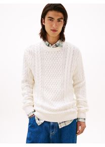 Strickpullover Tommy Jeans "BADGE CABLE", Herren, Gr. M, wei&szlig; (ancient wei&szlig; tonal), Strick, Obermaterial: 100% Baumwolle, slim fit h&uuml;ftlang, Rundhals, Pullover Strickpullover, Slim Fit, Rundhals