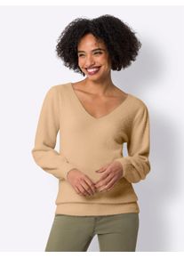 V-Ausschnitt-Pullover Heine "Pullover", Damen, Gr. 50, braun (camel), 54% Polyamid, 30% Viskose, 16% Polyester, unifarben, Pullover V-Ausschnitt-Pullover