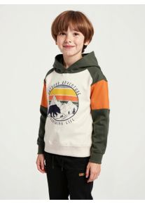 Kapuzensweatshirt Blue Seven, Jungen, Gr. 92, sanftes wei&szlig;, Sweatware, Obermaterial: 100% Baumwolle, bedruckt, regular fit normal, Rundhals, Rippb&uuml;ndchen, Sweatshirts Kapuzensweatshirt, mit gro&szlig;em Adventure-Frontmotiv und im Colorblocking-Look