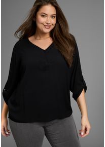 Schlupfbluse LAURA SCOTT CURVE, Damen, Gr. 58, schwarz, Web, Obermaterial: 100% Viskose, unifarben, Basic, figurumspielend, V-Ausschnitt, verstellbar, Blusen Schlupfbluse, aus flie&szlig;ender Viskose mit &Auml;rmelriegeln zum Krempeln - GROSSE GR&Ouml;SSE