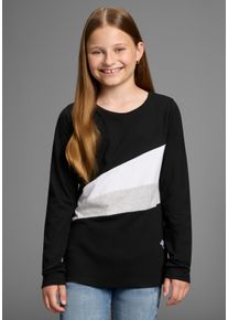 Langarmshirt Kangaroos "mit coolem Colourblocking", M&auml;dchen, Gr. 164/170, schwarz (schwarz, colorblocking), Jersey, Obermaterial: 60% Baumwolle, 40% Polyester. Einsatz: 95% Baumwolle, 5% Viskose, kontrastfarbene Details, Basic h&uuml;ftlang, Rundhals, abgesteppte Kante, Shirts Langarmshirt, mit Kangaroos Logo und Stickerei