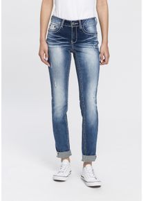 Skinny-fit-Jeans Arizona "mit Kontrastn&auml;hten und Pattentaschen", Damen, Gr. 46, N-Gr, blau (blau used), Denim/Jeans, Obermaterial: 98% Baumwolle, 2% Elasthan, Destroyed-Effekte, Basic, skinny fit lang, Jeans Skinny-fit-Jeans, lange Beinform, mit Destroyed-Effekten, niedrige Leibh&ouml;he, Topseller