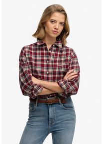 Karobluse Superdry "CHECK FLANNEL RELAXED SHIRT", Damen, Gr. S, bordeaux rot check, Web, Obermaterial: 100% Baumwolle, kariert, relaxed fit normal, Blusen Karobluse, Baumwolle, relaxed fit, aus weichem Flanell
