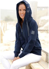 Sweatjacke ELBSAND, Damen, Gr. XXL (44), blau (marine), Sweatware, Obermaterial: 95% Baumwolle, 5% Elasthan, unifarben, figurumspielend h&uuml;ftlang, breiter Bund, Sweatjacken Sweatjacke, mit Logo-Stickerei an der Kapuze, bequeme Freizeitjacke mit Taschen, Topseller