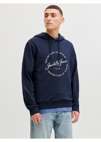 Jack & Jones Kapuzensweatshirt JACK & JONES "JJGRAYSON SWEAT HOOD", Herren, Gr. XL, navy blazer, angeraute Sweatware, Obermaterial: 60% Polyester, 40% Baumwolle, bedruckt, regular fit, Rippb&uuml;ndchen, Sweatshirts Kapuzensweatshirt