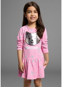 Jerseykleid Kidsworld "Kleid mit Pailletten", M&auml;dchen, Gr. 104/110, N-Gr, rosa (rosa gemustert), Jersey, Obermaterial: 57% Baumwolle, 38% Polyester, 5% Elasthan, bedruckt, figurumspielend ca. Mitte Oberschenkel, Rundhals, abgesteppte Kante, Kleider Jerseykleid, Shirtkleid mit s&uuml;&szlig;er Paillettenapplikation