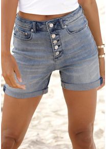 Jeansshorts Buffalo, Damen, Gr. 42, N-Gr, blau (blau, washed), Denim/Jeans, Obermaterial: 98% Baumwolle, 2% Elasthan, figurbetont ca. Mitte Oberschenkel, Jeans Jeansshorts, in High-Waist-Form, Stretchanteil, Sommerhose, figurbetont, Topseller