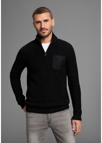 Troyer Bruno Banani, Herren, Gr. M (48/50), schwarz, Strick, Obermaterial: 50% Baumwolle, 50% Polyacryl, unifarben, slim fit, B&uuml;ndchen, Pullover Troyer, mit Brusttasche