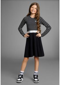 Jerseykleid Kangaroos "Kleid mit Glitzerg&uuml;rtel", M&auml;dchen, Gr. 140/146, N-Gr, silber (schwarz, silber), Jersey, Obermaterial: 66% Baumwolle, 29% metallisierte Fasern, 5% Elasthan, geringelt, metallisierte Fasern, figurumspielend kniefrei, Rundhals, abgesteppte Kante, Kleider Jerseykleid, festliche Anl&auml;sse, kniefrei, modischer Stil, aus Stretchqualit&auml;t