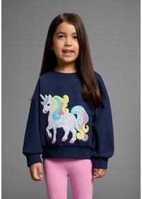 Sweatshirt Kidsworld "Einhorn-Applikation f&uuml;r kleine M&auml;dchen", M&auml;dchen, Gr. 140/146, blau (marine), angeraute Sweatware, Obermaterial: 100% Baumwolle, bedruckt, bestickt, Basic h&uuml;ftlang, Rundhals, Rippb&uuml;ndchen, Sweatshirts Sweatshirt, Sweatshirt mit schimmernden Pailletten-Applikationen