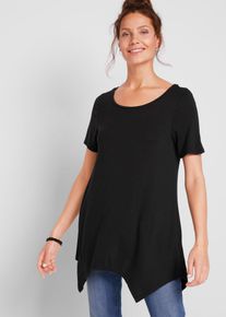 Longshirt bonprix "Zipfel Longshirt, kurzarm", Damen, Gr. 36/38 (S), schwarz, Obermaterial: 95% Viskose, 5% Elasthan, A-Linie, Shirts Longshirt, A-Linie Passform, Kurzarm, aus Viskose und Elasthan, Zipfel-Design