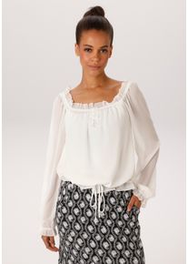 Schlupfbluse Aniston CASUAL, Damen, Gr. 38, wollwwei&szlig;, Chiffon, Obermaterial: 100% Polyester, Strukturmuster, transparent, unifarben, l&auml;ssig geschnitten h&uuml;ftlang, Carmenausschnitt, Raglan&auml;rmel R&uuml;schen, Blusen Schlupfbluse, aus strukturiertem Chiffon - NEUE KOLLEKTION, Topseller