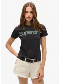 Kurzarmshirt Superdry "CORE LOGO CITY FITTED TEE", Damen, Gr. S, schwarz (vulcan schwarz), Single Jersey, Obermaterial: 100% Baumwolle, bedruckt, slim fit, Rundhals, Shirts Kurzarmshirt