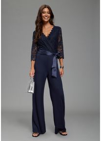 Jumpsuit Laura Scott, Damen, Gr. 40, N-Gr, navy, Milano Rib, Obermaterial: 70% Viskose, 25% Polyester, 5% Elasthan. Spitze: 92% Polyamid, 8% Elasthan, leicht transparent, unifarben, figurbetont lang, V-Ausschnitt, Overalls Jumpsuit, mit Spitzenoberteil und Satin-Bindeg&uuml;rtel, Topseller