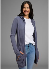 Kapuzenstrickjacke Kangaroos, Damen, Gr. 52/54, grau (graublau), Strick, Obermaterial: 50% Baumwolle, 50% Polyacryl, kontrastfarbene Details, unifarben, figurbetont Po-bedeckend, Rippstrickb&uuml;ndchen, Strickjacken Kapuzenstrickjacke, in schmeichelnder Longform, Topseller
