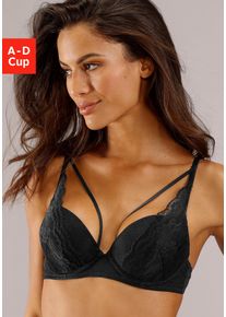 Push-up-BH s.Oliver "Alice", Damen, Gr. 80, Cup B, schwarz, Microtouch, Obermaterial: 60% Polyamid, 35% Polyester, 5% Elasthan, BHs Push-up-BH, mit Spitze und B&auml;nder-Optik, Dessous