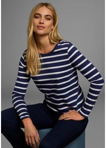 Langarmshirt AJC, Damen, Gr. 44/46 (L), blau (marine, wei&szlig;, gestreift), Single Jersey, Obermaterial: 100% Baumwolle, gestreift, figurbetont, Rundhals, abgesteppt, Shirts Langarmshirt, gestreift, Rundhalsausschnitt, aus Baumwolle, aus Single Jersey, Topseller