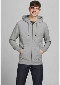 Jack & Jones Kapuzensweatjacke JACK & JONES "JJEBASIC Hoodie mit Rippb&uuml;ndchen und angenehmem Tragegef&uuml;hl", Herren, Gr. XS, grau (hellgrau, meliert), Sweatware, Obermaterial: 85% Baumwolle, 15% Polyester, unifarben, normal h&uuml;ftbedeckend, Rundhals, Rippb&uuml;ndchen, Sweatjacken Kapuzensweatjacke, unifarben, modisch, regular fit, Baumwollmischung, Rundhals