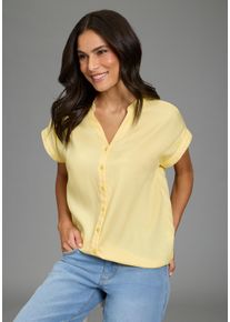 Boysen's Hemdbluse BOYSEN'S, Damen, Gr. 48/50, hellgelb, Web, Obermaterial: 100% Viskose, oversize, V-Ausschnitt, Blusen Hemdbluse, im Oversized-Style mit Ballonsaum