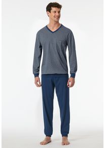 Pyjama Schiesser "Comfort Essentials", Herren, Gr. 27, blau (800, blau), Single Jersey, Obermaterial: 100% Baumwolle, bequem lang, V-Ausschnitt, Homewear-Sets Pyjama, V-Ausschnitt, Brusttasche, Baumwolle, Langarm, Topseller
