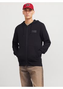 Jack & Jones Kapuzensweatjacke JACK & JONES "JJECORP LOGO SWEAT ZIP HOOD", Herren, Gr. M, schwarz (schwarz detail:small print, schwarz), angeraute Sweatware, Obermaterial: 70% Baumwolle, 30% Polyester, unifarben, regular fit h&uuml;ftbedeckend, Rundhals, Rippb&uuml;ndchen, Sweatjacken Kapuzensweatjacke