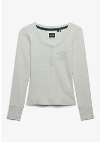 Langarmshirt Superdry "ATHLETIC BUTTON DOWN LS TOP", Damen, Gr. L, iced grau marl, Single Jersey, Obermaterial: 95% Baumwolle, 5% Elasthan, bedruckt, meliert, skinny fit normal, tiefer Rundhals, Shirts Langarmshirt, Baumwolle, skinny fit