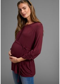 Umstandsshirt Neun Monate "Jersey-Bluse mit Bindeg&uuml;rtel", Damen, Gr. 40/42, rot (bordeaux), Jersey, Obermaterial: 100% Viskose, unifarben, Basic, Basic h&uuml;ftbedeckend, Rundhals, Krempel&auml;rmel, Shirts Umstandsshirt, Viskose Umstands-Bluse praktisch f&uuml;r Schwangerschaft und danach, Topseller