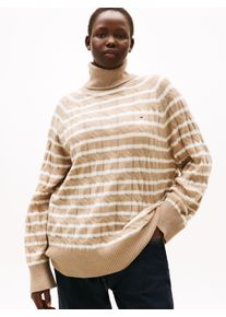 Rollkragenpullover Tommy Hilfiger Curve "CRV SOFT WOOL CABLE ROLL-NK SWT", Damen, Gr. 46, safari canvas htr, ivory petal stp, Strick, Obermaterial: 100% Wolle, gestreift, B&uuml;ndchen, Pullover Rollkragenpullover, in gro&szlig;en Gr&ouml;&szlig;en, mit Zopfmuster, aus reiner Wolle