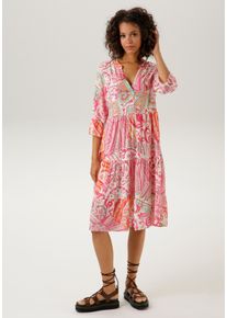 Blusenkleid Aniston CASUAL, Damen, Gr. 46, N-Gr, bunt (wollwei&szlig;, pink, mint, orange, salbei, rot), Web, Obermaterial: 100% Viskose, Paisley, bedruckt, gemustert, l&auml;ssig geschnitten kniefrei, V-Ausschnitt, Volant, Kleider Blusenkleid, mit gro&szlig;fl&auml;chigem Paisley-Druck, Topseller