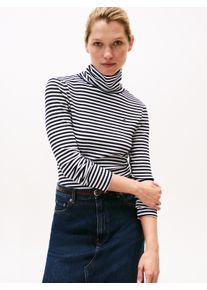 Langarmshirt Tommy Hilfiger "SLIM 5X2 RIB ROLL-NK LS", Damen, Gr. XL (42), blau (schwarz night navy, ecru stp), Rippware, Obermaterial: 95% Viskose, 5% Elasthan, gestreift, Basic, schmal h&uuml;ftlang, Rundhals, abgesteppte Kante, Shirts Langarmshirt, in gerippter Struktur